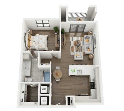 Floor plan for 1 bed, 1 bath, 837 sqft